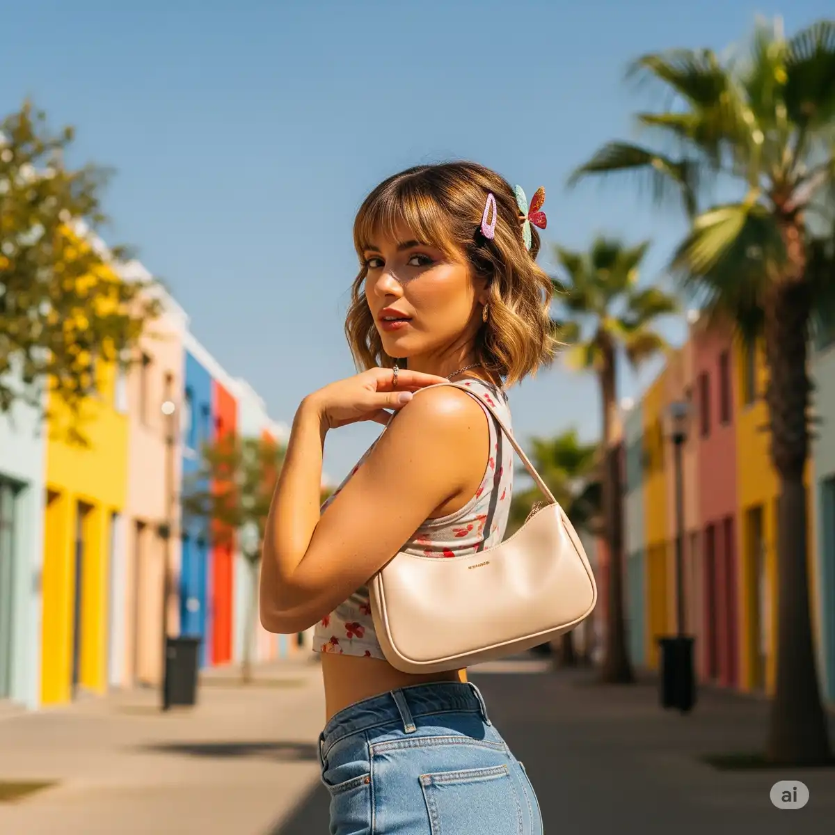 Look Y2K estate 2025 con borsa baguette, crop top a fiori e jeans a vita alta in stile femminile e nostalgico