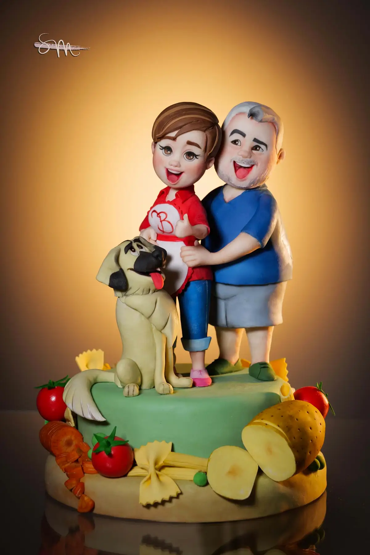 Torta personalizzata con Benedetta Rossi, Marco Gentili e il loro cane, creata da Silvia Mancini Cake Designer