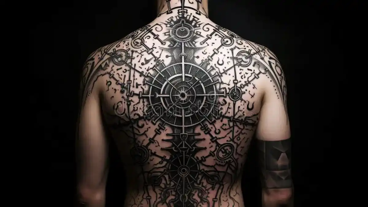 Tatuaggio cybersigilism a tutta schiena con simboli geometrici e linee intricate in stile futuristico