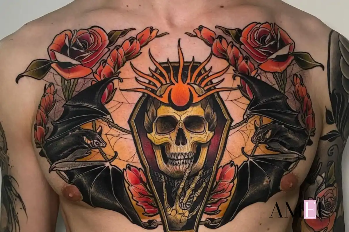 Tatuaggio a petto intero con teschio, pipistrelli e rose rosse in stile tradizionale moderno