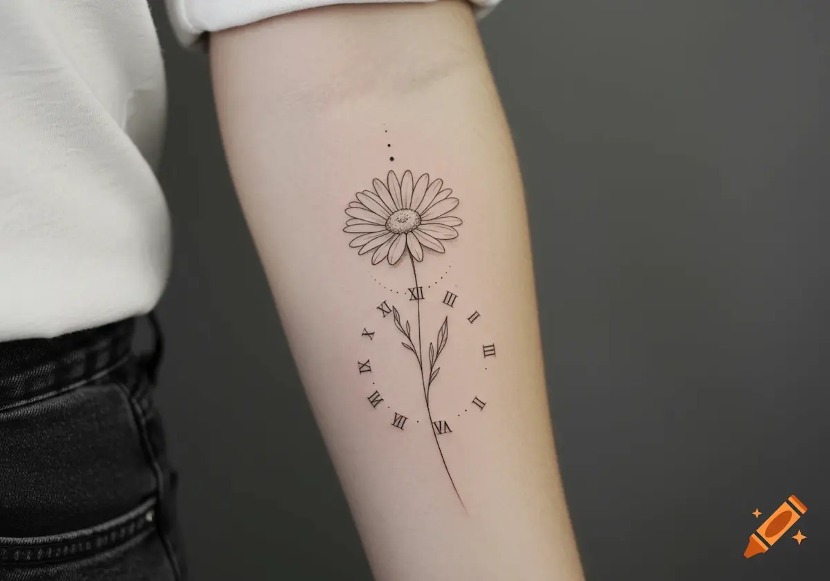 Tatuaggio fine line con margherita e numeri romani a forma di orologio sull’avambraccio, design minimalista ed elegante