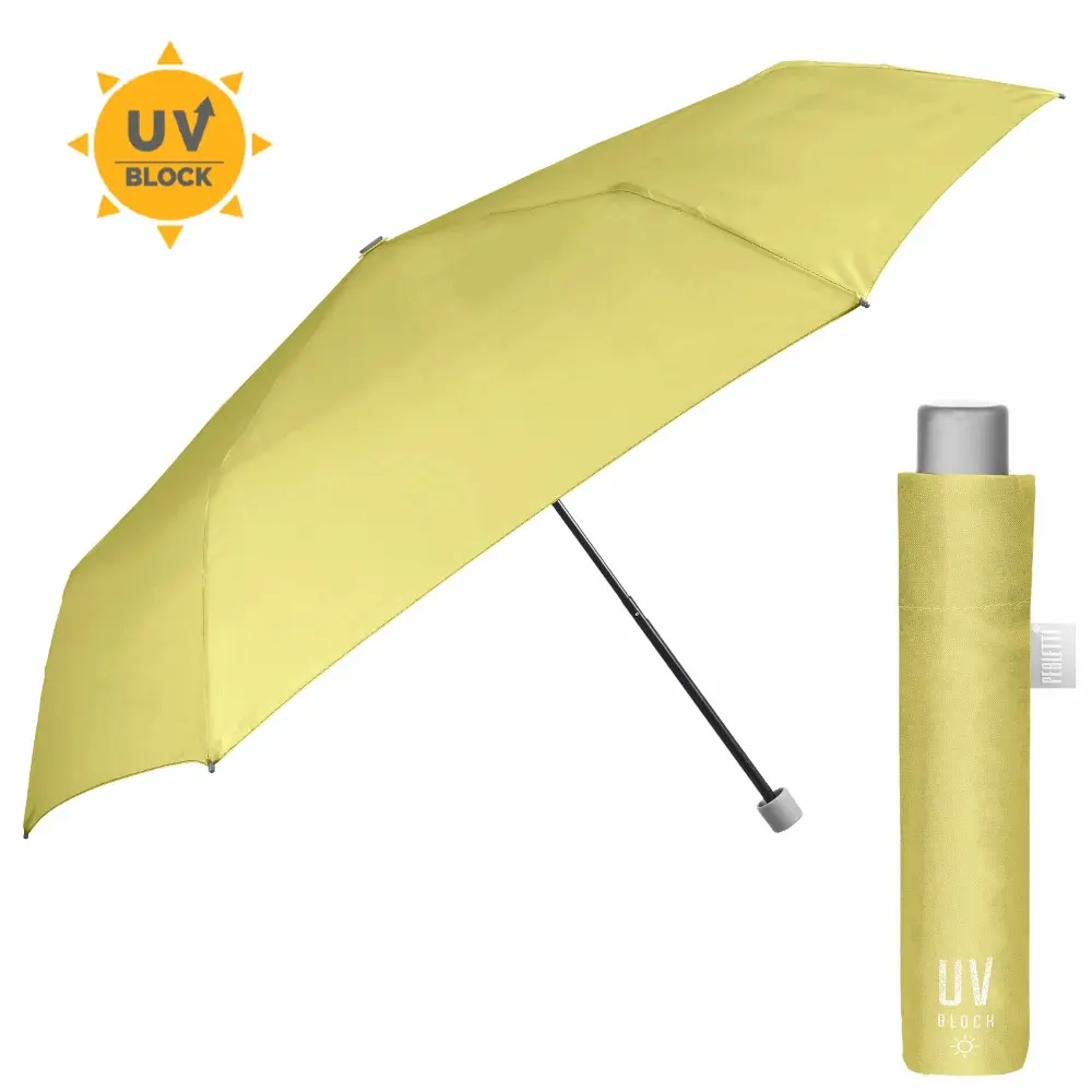 Ombrello anti-UV compatto giallo UPF 50+, leggero e tascabile con custodia; parasole ideale per città e viaggi