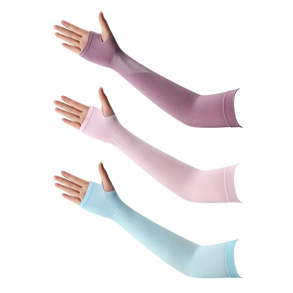 Manicotti anti-UV UPF 50+ per braccia con foro pollice, traspiranti; set 3 colori pastello per sport e guida