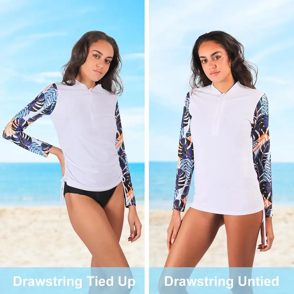 Rashguard donna UPF 50+ maniche lunghe con zip e coulisse laterali, maniche tropical; protezione solare per mare e sport