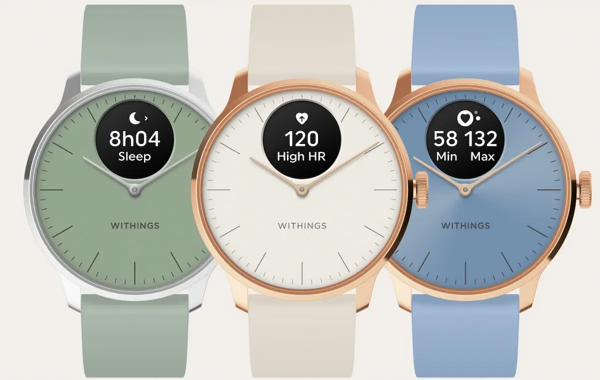 Tre Withings ScanWatch Light nei colori verde, crema e azzurro con quadrante analogico e display per sonno