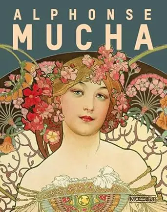 Copertina del catalogo d’arte su Alphonse Mucha, con ritratto floreale in stile Art Nouveau, disponibile su Amazon