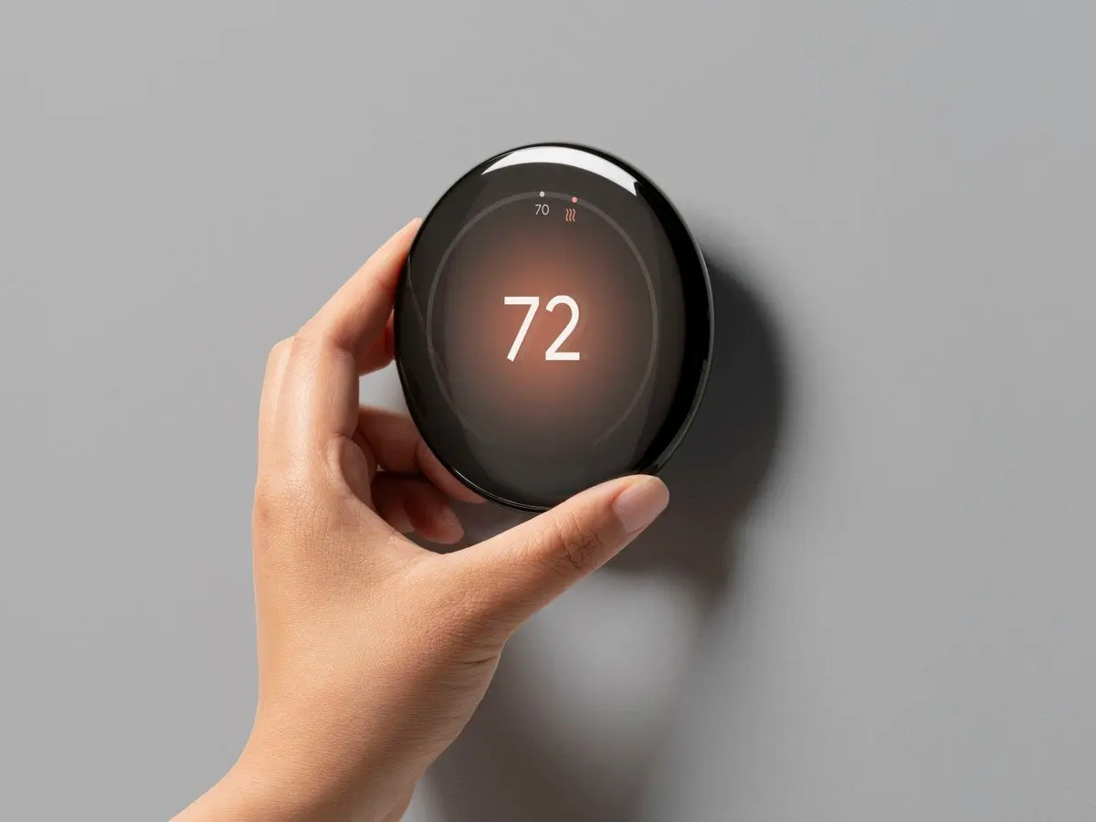 Termostato intelligente Google Nest rotondo nero con display digitale acceso a parete