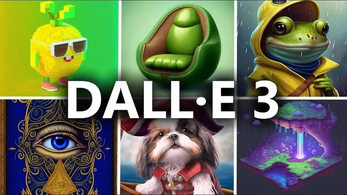 Illustrazioni generate da DALL·E 3, tra cui rana, cane pirata e paesaggio pixelato