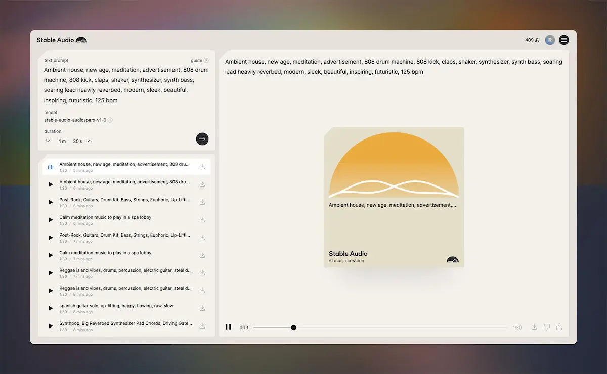 Interfaccia Stable Audio per la generazione musicale AI con prompt e player attivo