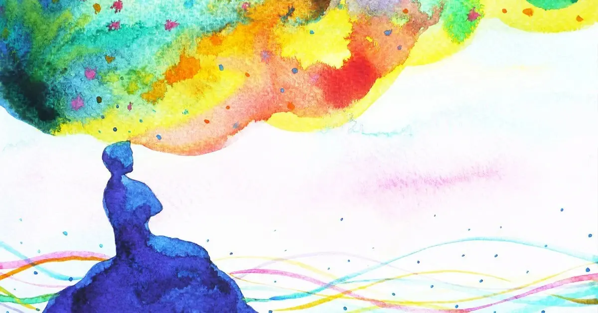 Illustrazione colorata di arteterapia che rappresenta la mente creativa, simbolo di mindfulness e equilibrio emotivo post vacanze.