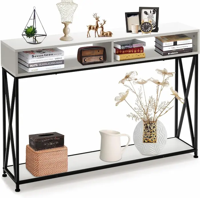 Consolle moderna Giantex bianca con struttura in metallo nero e ripiani, ideale per ingresso e soggiorno.
