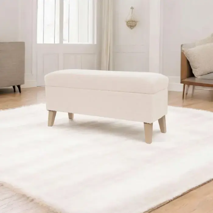 Panca contenitore BenchDecor in bouclé bianco con gambe in legno, fatta a mano per camera, soggiorno o ingresso.