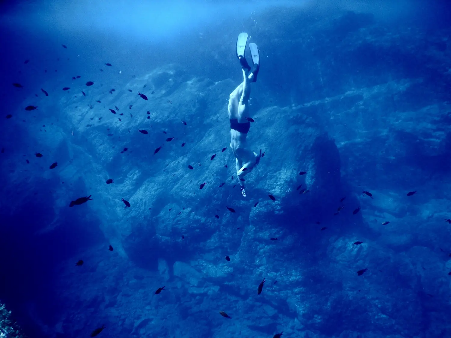 Persona in immersione tra pesci e rocce in mare profondo, immagine simbolica del contatto rigenerante con gli spazi blu