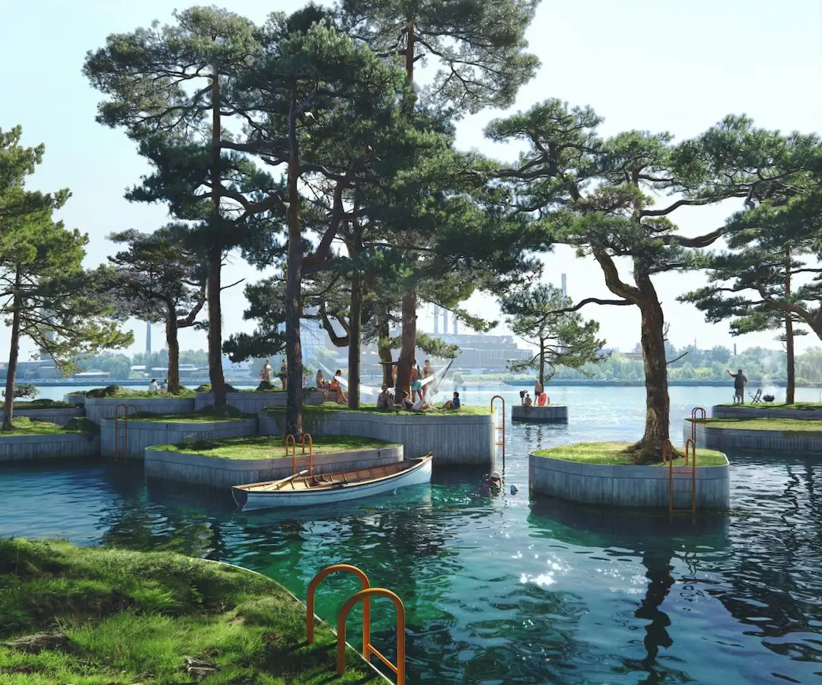 Copenhagen Islands, piscine galleggianti tra pini e natura urbana, progetto sostenibile sul porto di Copenaghen.