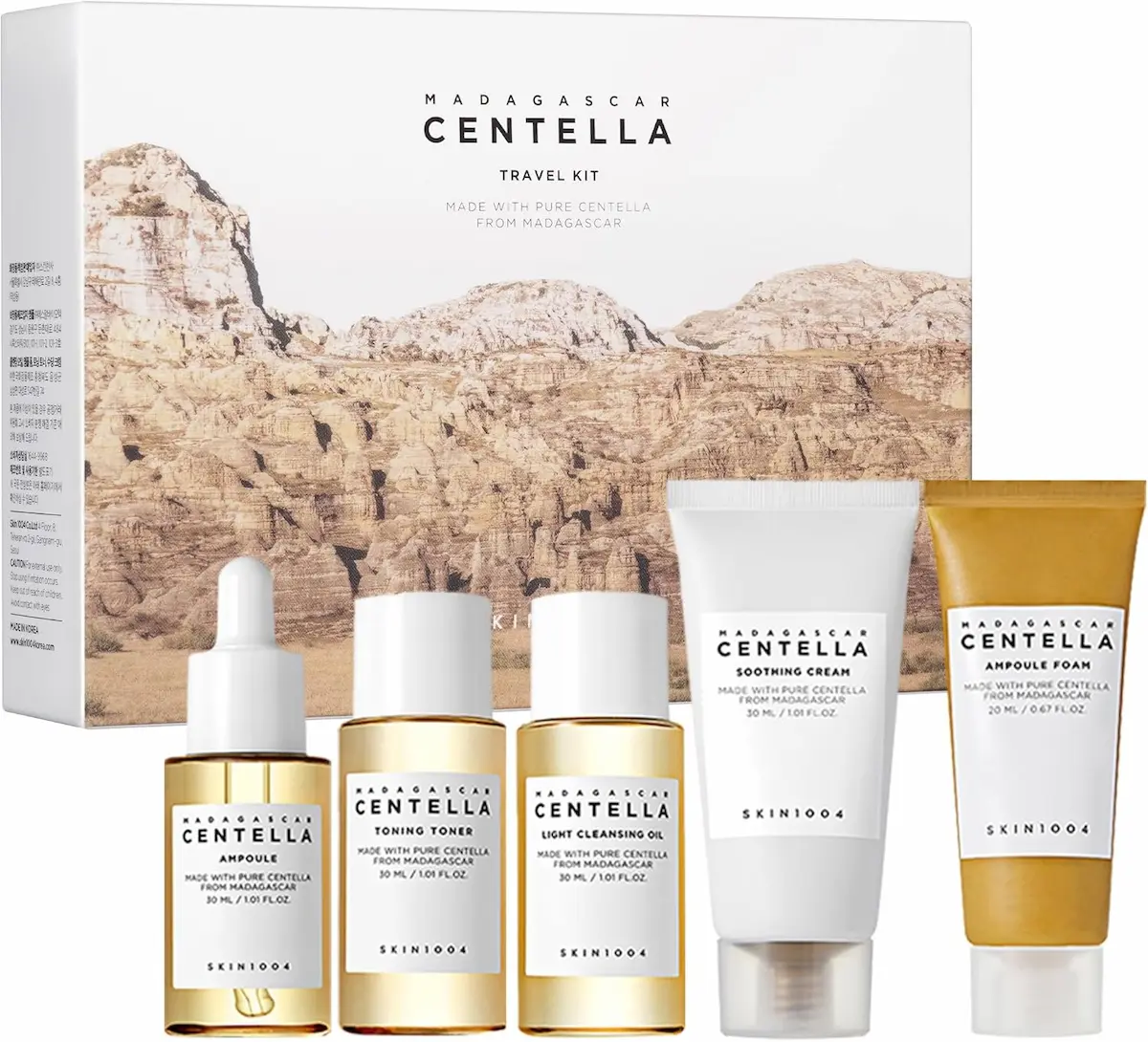 Kit viaggio SKIN1004 con prodotti alla centella: tonico, olio, siero, crema e detergente per pelle sensibile