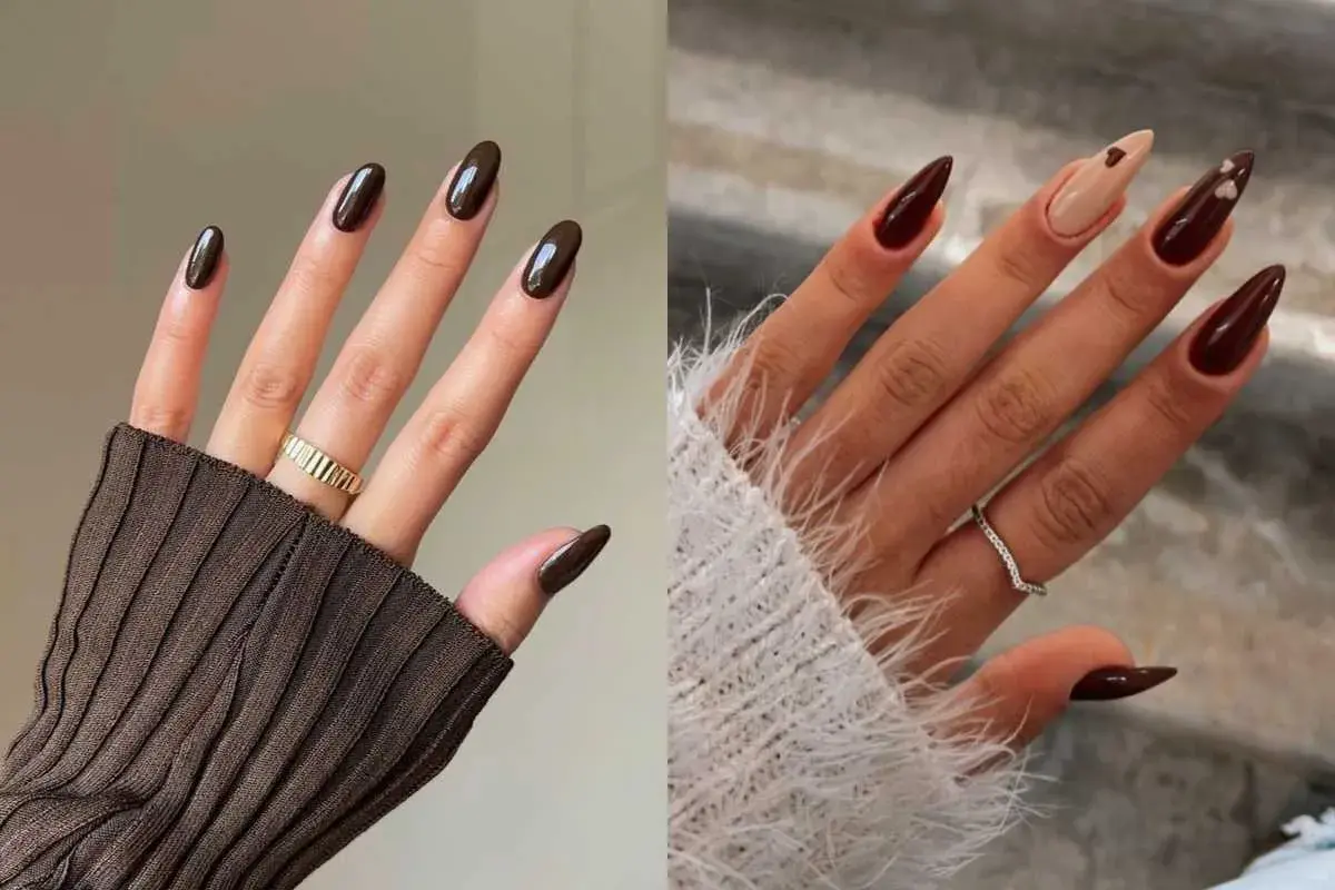 Unghie color marrone cioccolato e burgundy con design minimal e accent nail nude