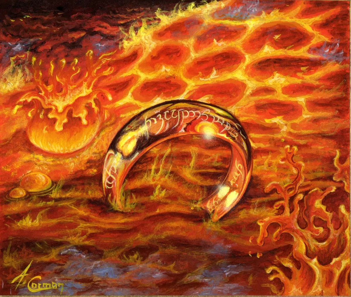 L’Anello Unico tra le fiamme del Monte Fato, dipinto fantasy di Audrey Coreman (1998)
