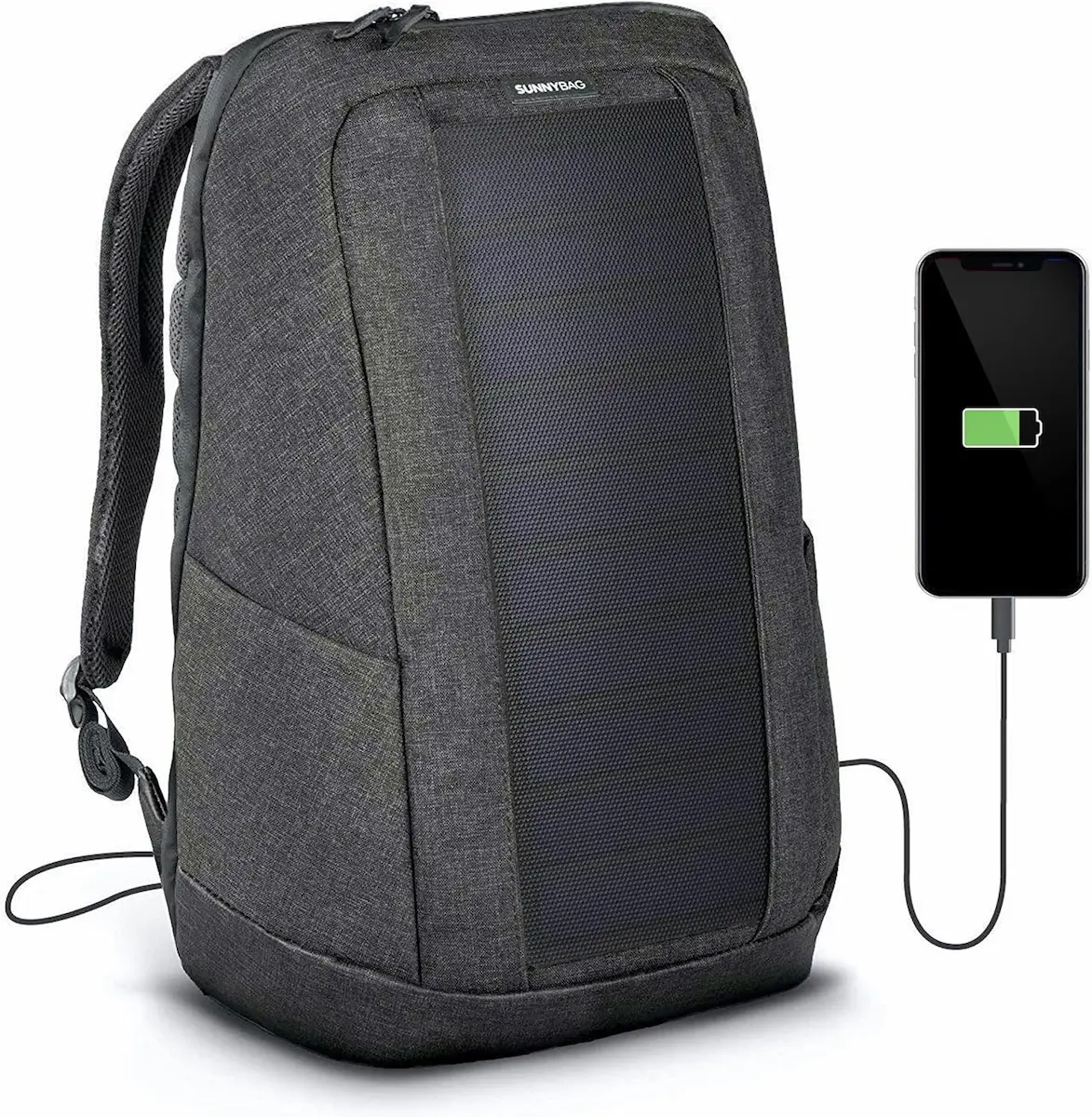 Zaino solare SunnyBag ICONIC 20L con pannello solare integrato e ricarica USB per smartphone.