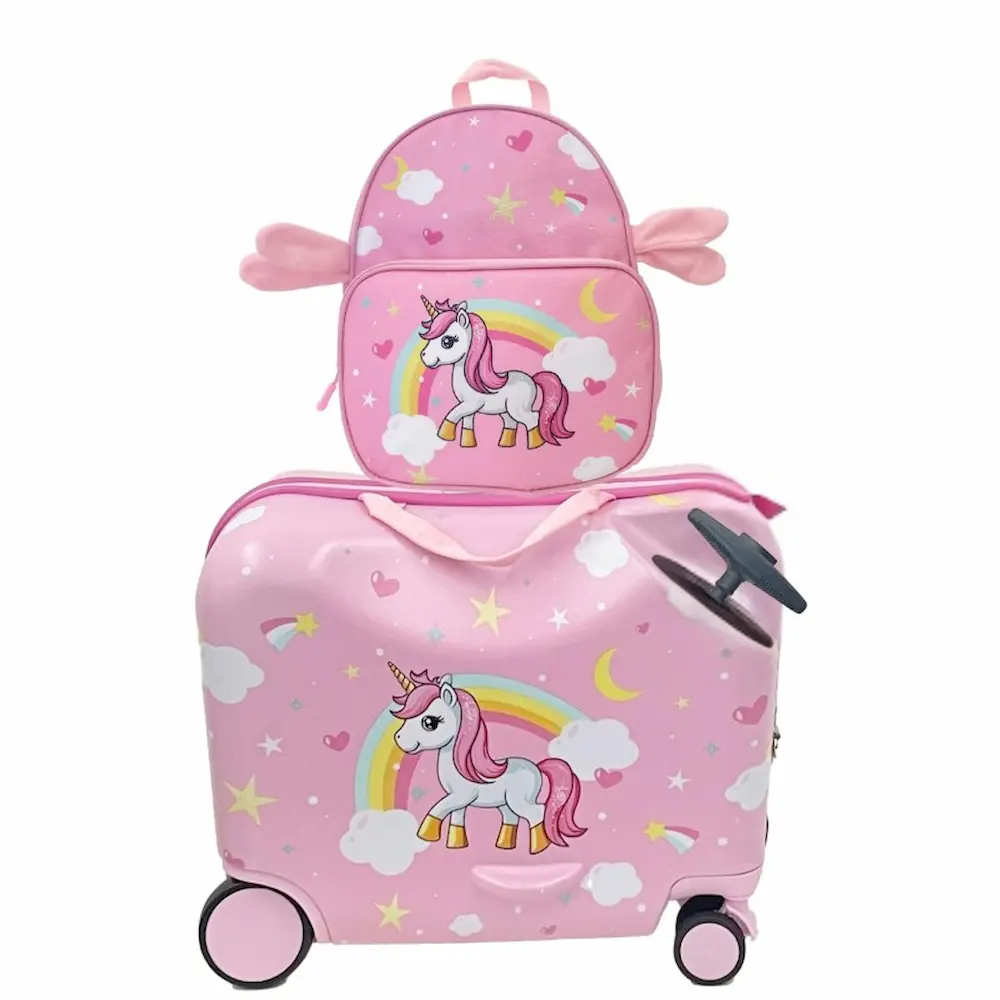 Trolley cavalcabile per bambini con unicorno rosa e zainetto coordinato Mondial Toys, ideale per viaggiare in allegria