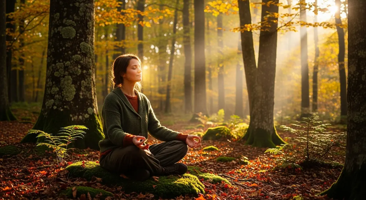 Donna in meditazione nel bosco autunnale, luce dorata e atmosfera di benessere e rinascita.