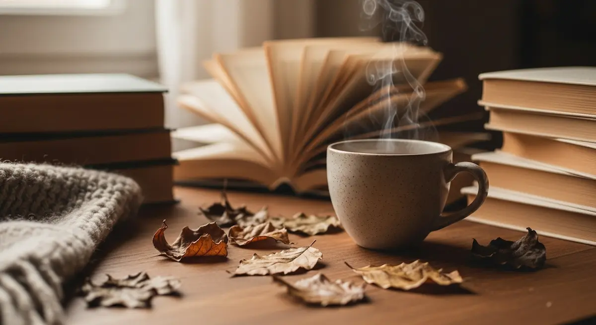Tazza fumante tra libri aperti e foglie autunnali, simbolo di calma, introspezione e disconnessione digitale.