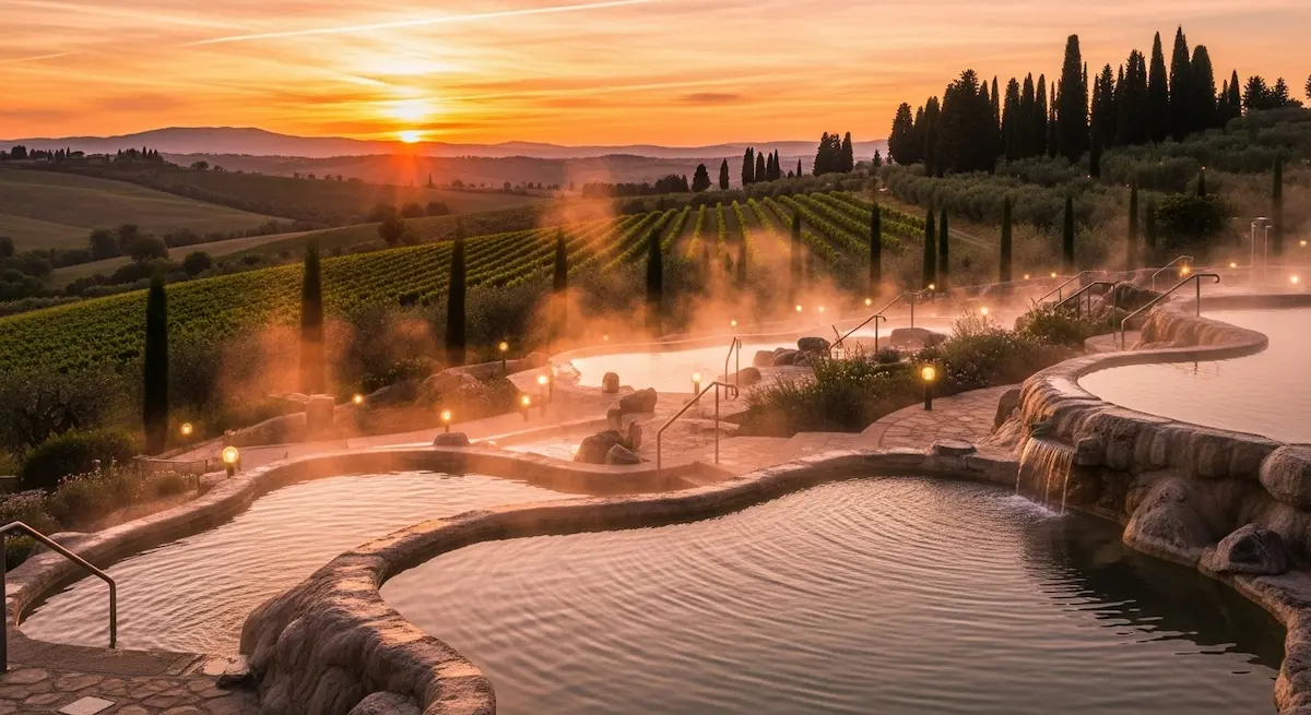 Spa naturale tra le colline toscane al tramonto, con vasche termali in pietra e luci soffuse che riflettono il paesaggio dorato
