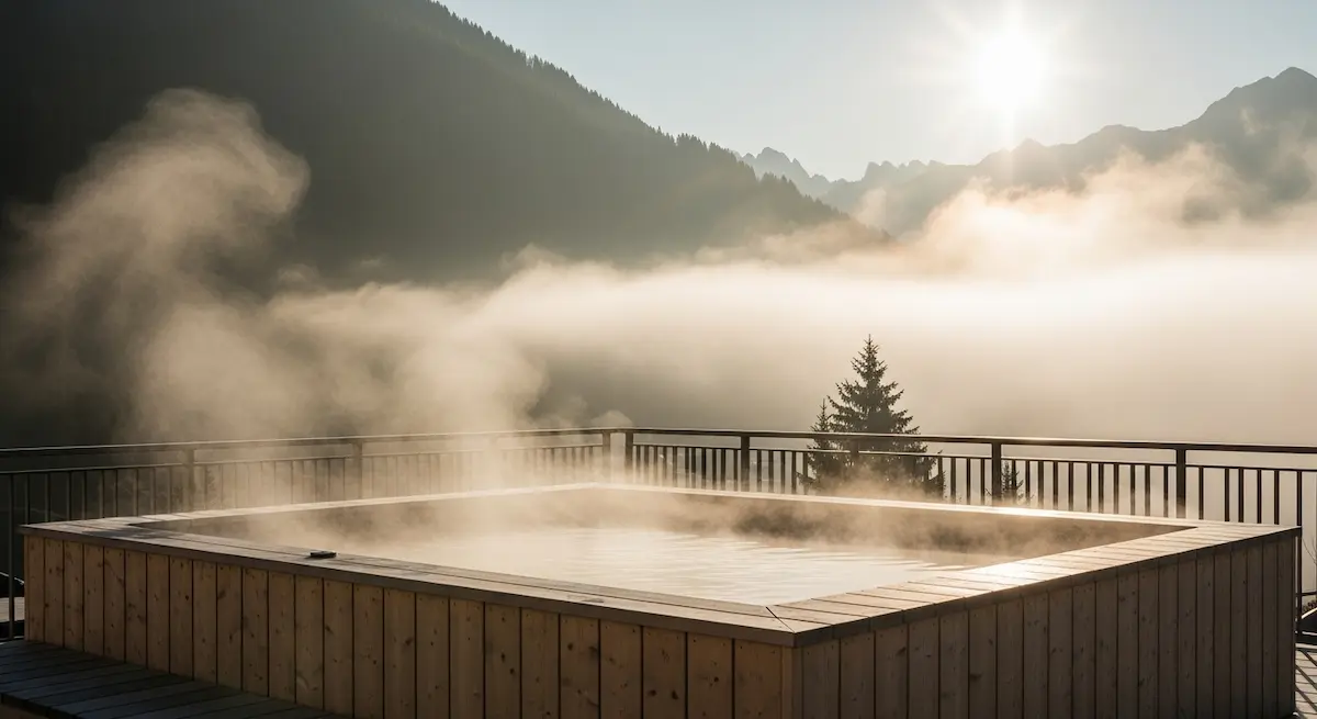 Vasca esterna in legno tra le montagne alpine avvolte dalla nebbia mattutina, con luce dorata e atmosfera rilassante.