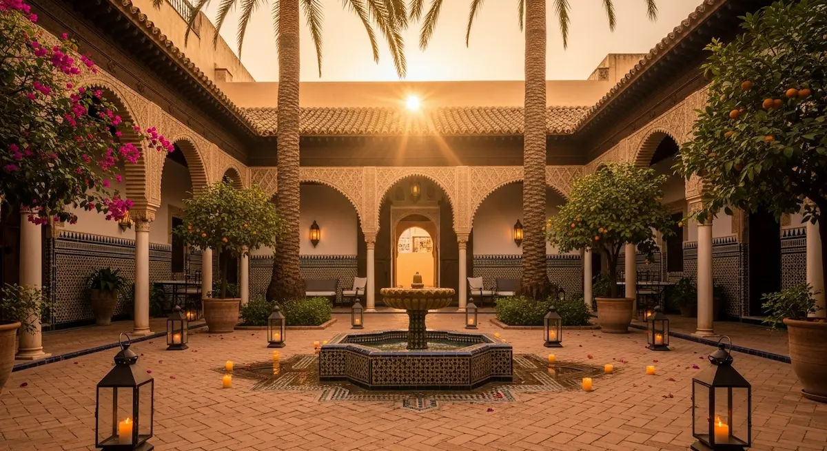 Cortile andaluso con fontana in mosaico e luci dorate al tramonto, tra palme e archi arabeggianti, simbolo di calma e bellezza mediterranea.