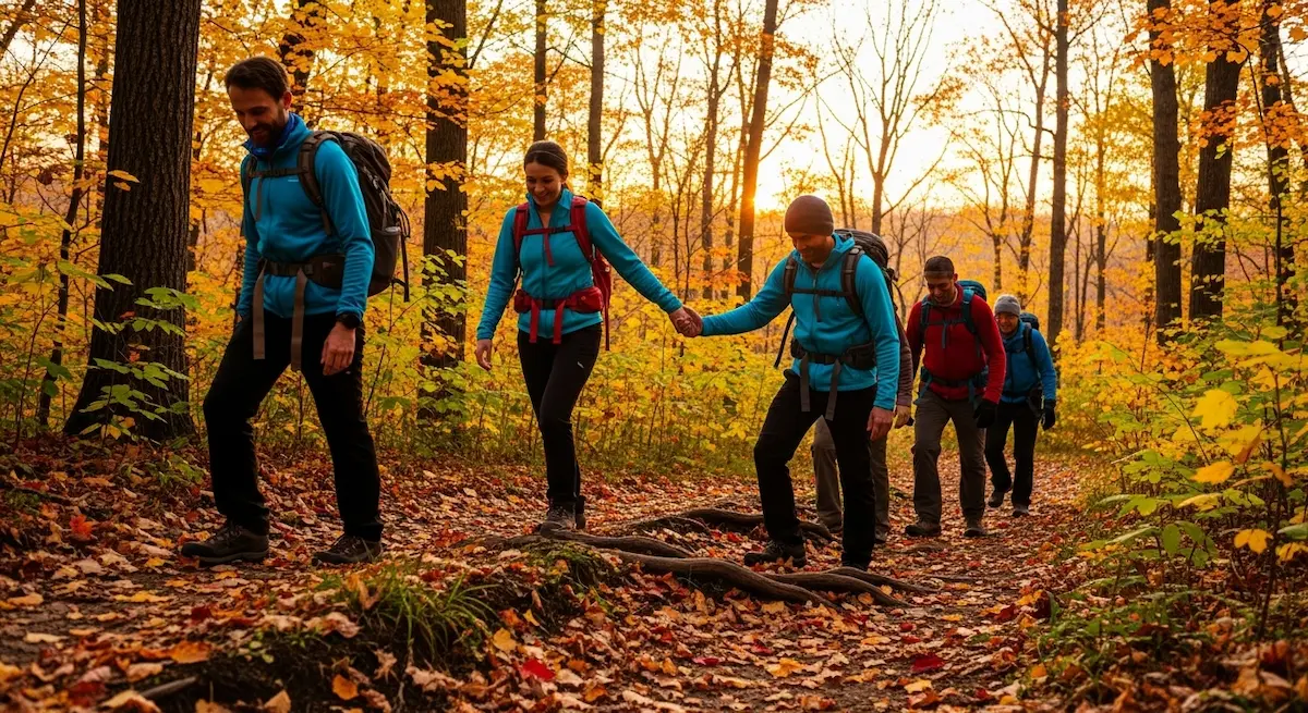 Gruppo di persone che cammina nel bosco autunnale al tramonto, simbolo di connessione e benessere condiviso