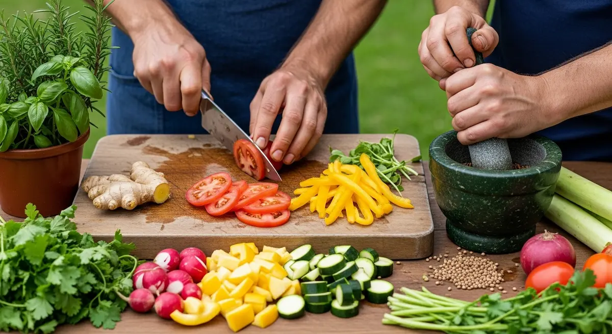 Persone che preparano verdure fresche ed erbe aromatiche, simbolo di benessere naturale e turismo rigenerativo.