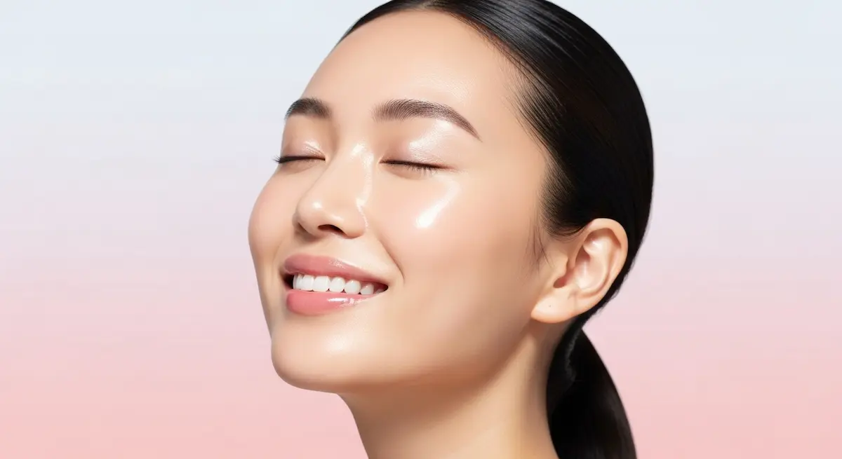 Primo piano di donna con glass skin e sfondo rosa, incarnato luminoso e texture perfetta.