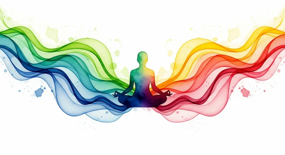 Silhouette di persona in meditazione circondata da onde di colore arcobaleno su sfondo bianco.