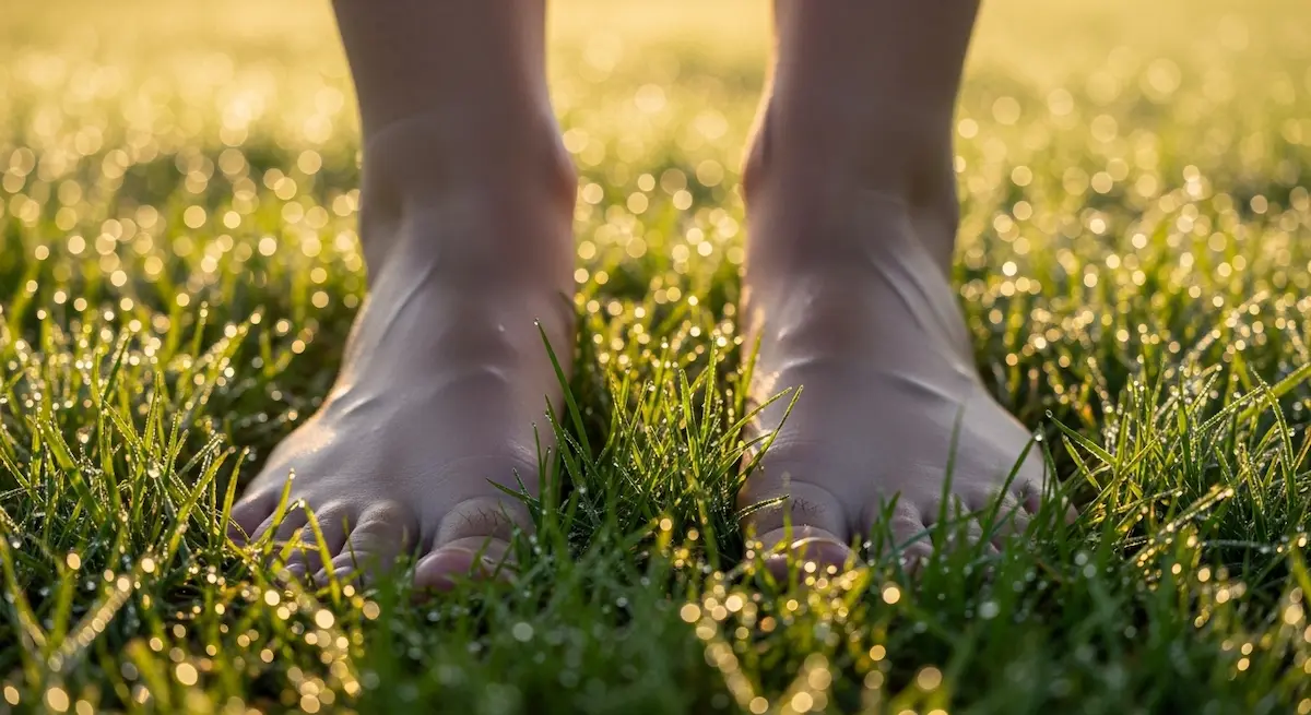 Piedi nudi sull’erba ricoperta di rugiada al sorgere del sole, simbolo di connessione con la natura.