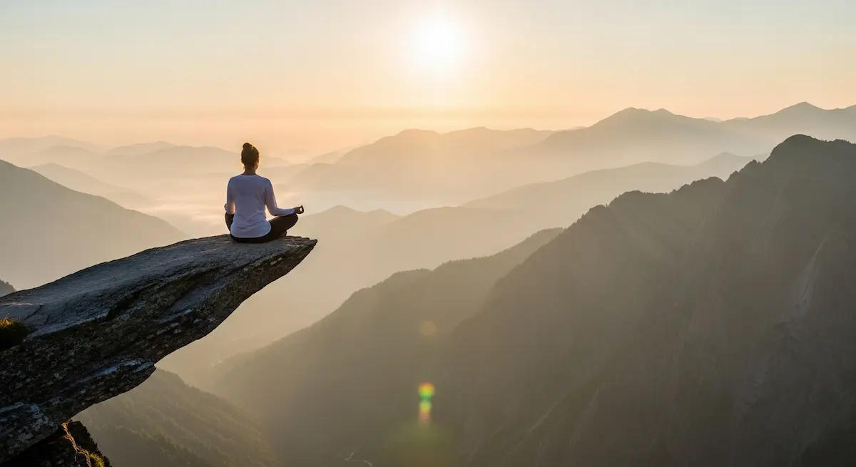 Persona seduta in meditazione su una roccia al tramonto con vista panoramica sulle montagne.