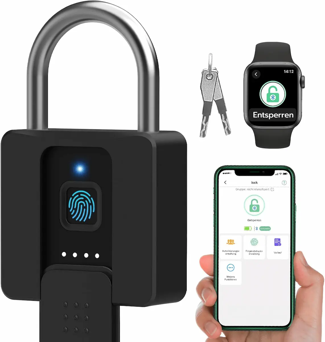 Eseesmart Lucchetto a Impronta Digitale con Chiave, Lucchetto Biometrico con Impronta Digitale Bluetooth
