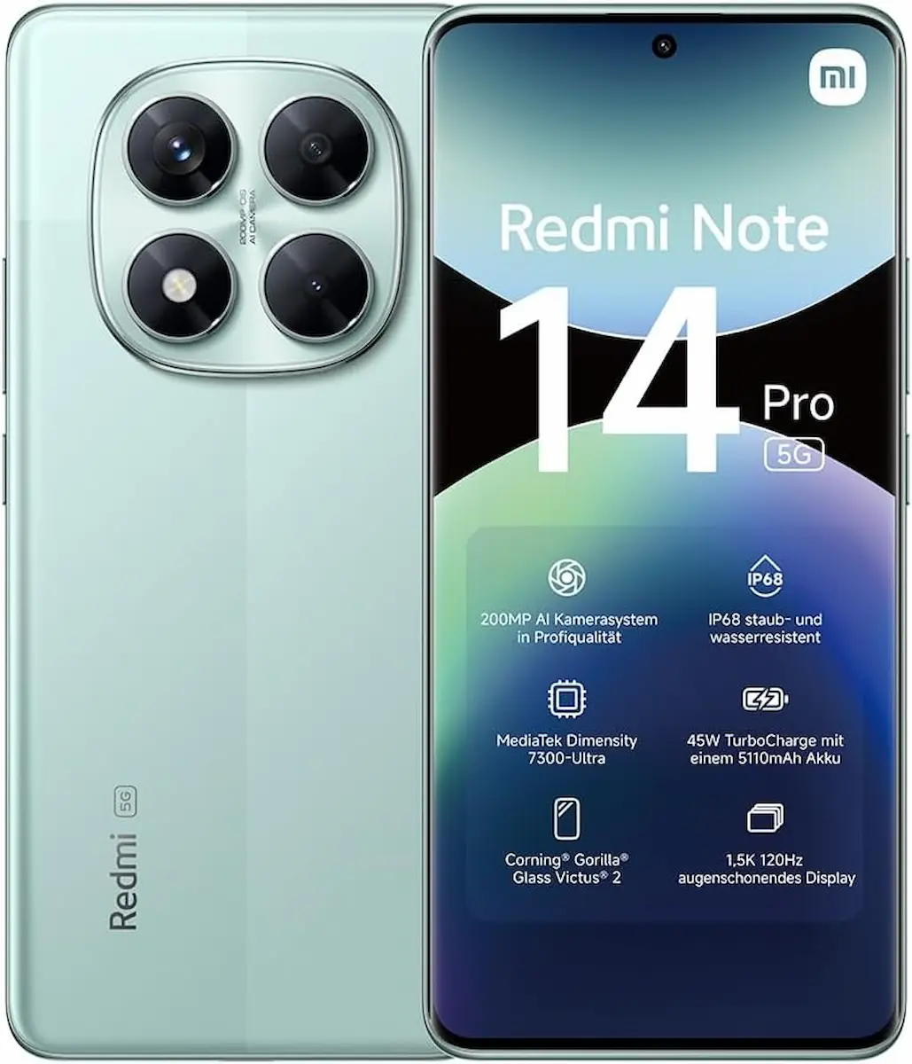 Smartphone Xiaomi Redmi Note 14 Pro verde menta con specifiche tecniche in sovrimpressione, ideale come regalo di Natale Best Buy 2025