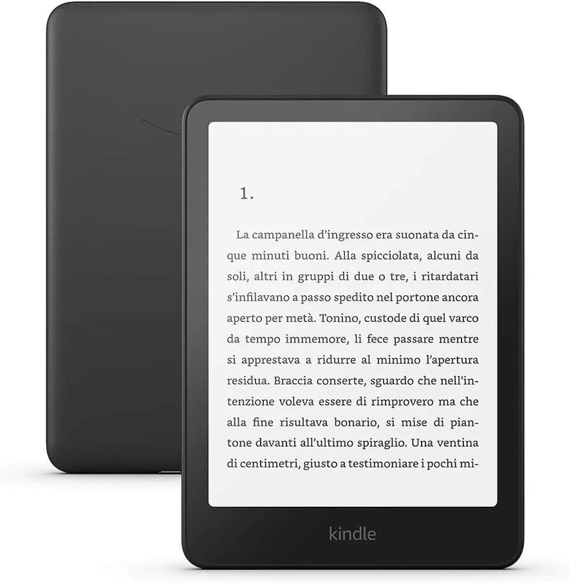 Amazon Kindle e-reader nero mostrato fronte e retro con testo visualizzato sullo schermo, regalo perfetto per gli amanti della lettura a Natale 2025