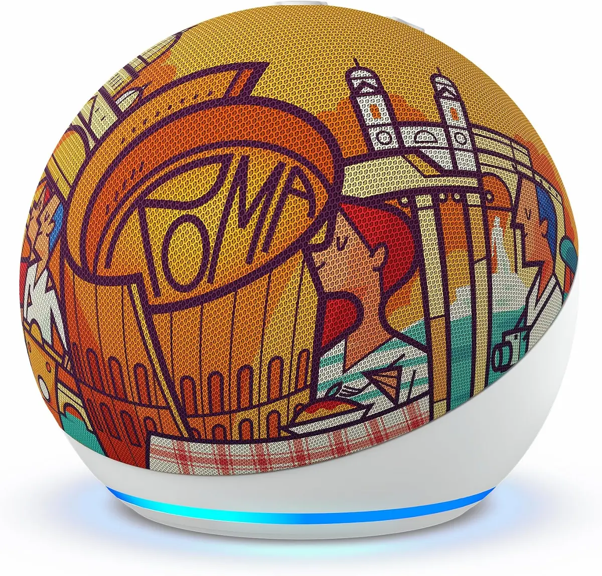 Amazon Echo Dot di quinta generazione con disegno a tema Roma e base illuminata, un regalo Tech smart home per Natale 2025