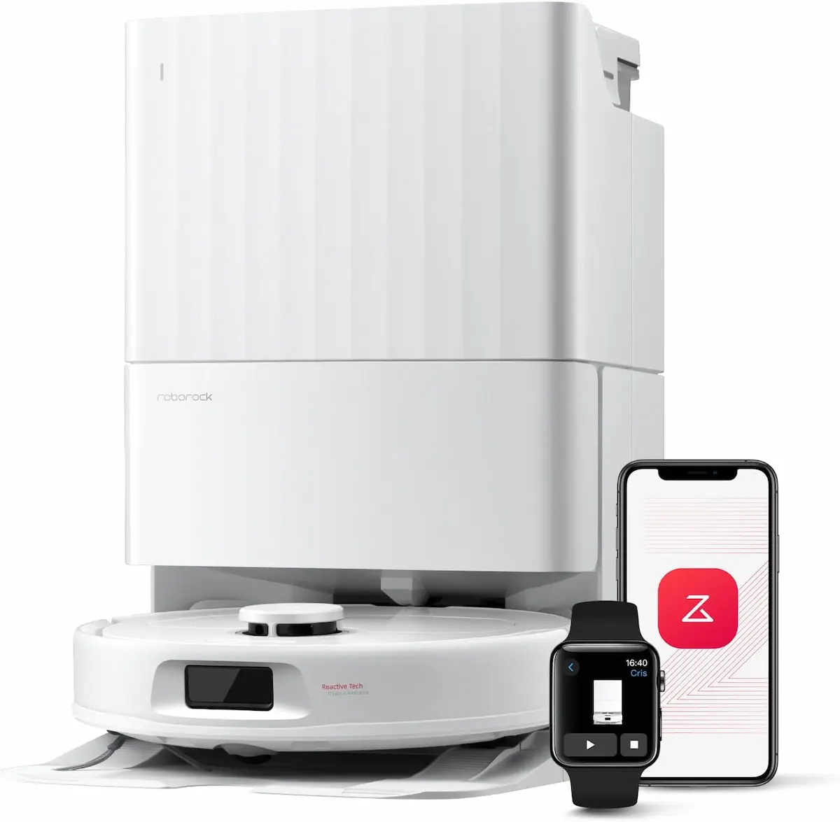 Robot lavapavimenti Roborock bianco con base di ricarica e controllo tramite smartphone e smartwatch