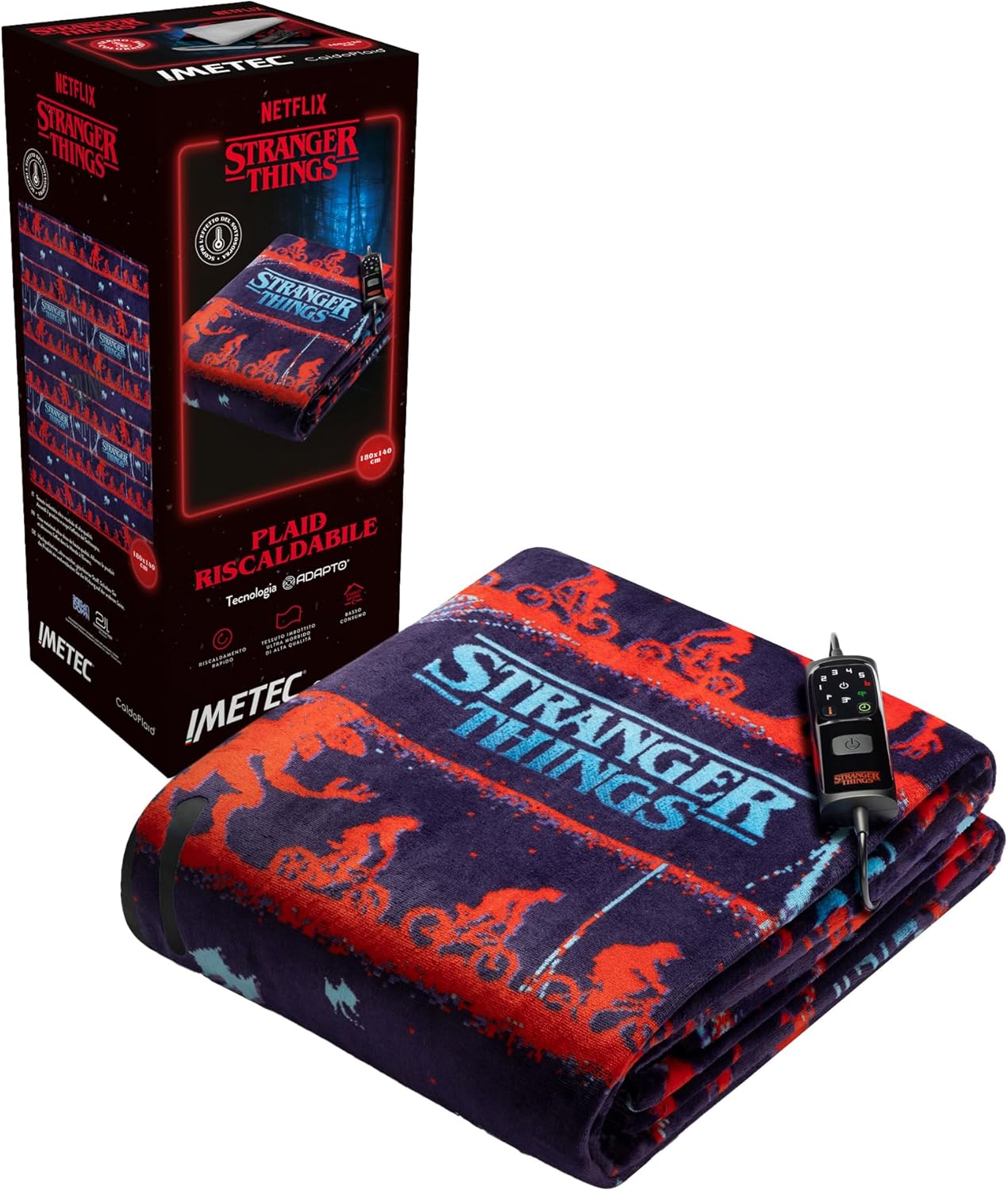 Plaid riscaldabile Imetec con tema Stranger Things (rosso e blu) e telecomando
