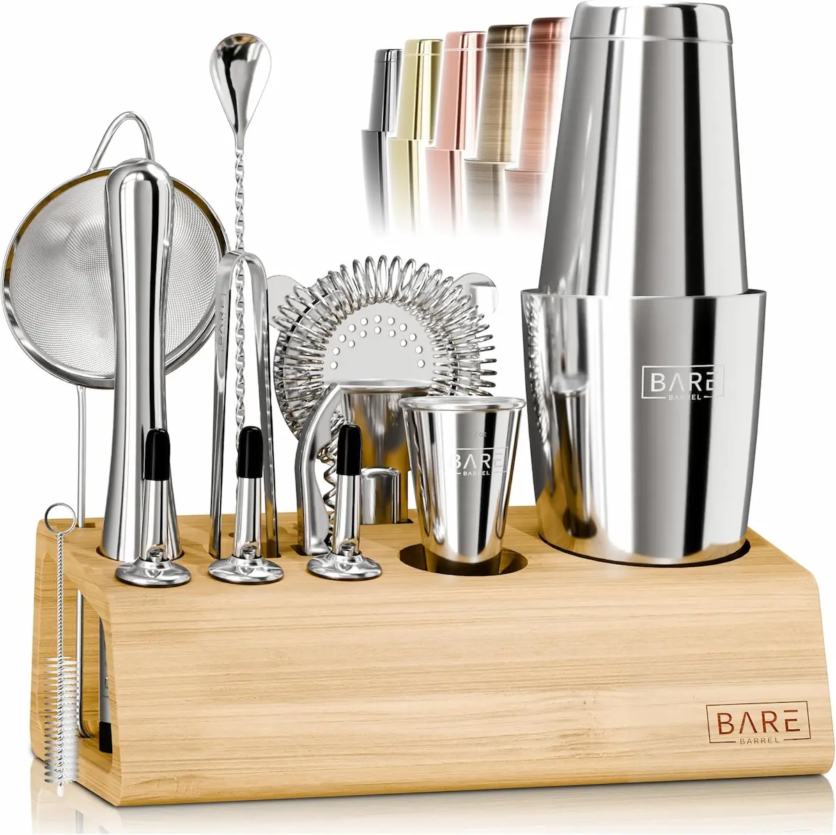 Set completo per cocktail in acciaio inox lucido con shaker, jigger e base in bambù