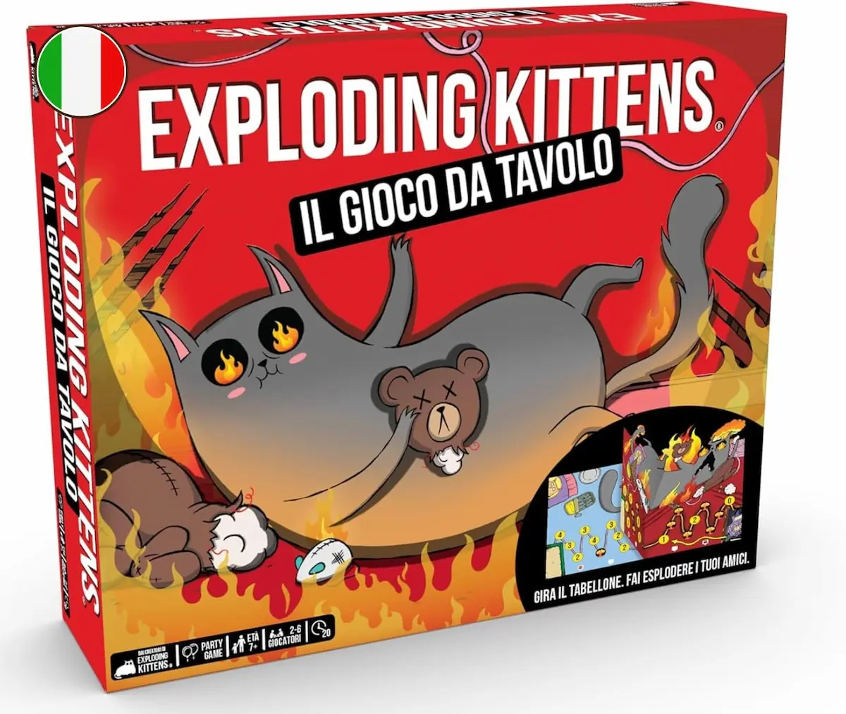 Gioco da tavolo Exploding Kittens (versione italiana) con tabellone, carte e pedine