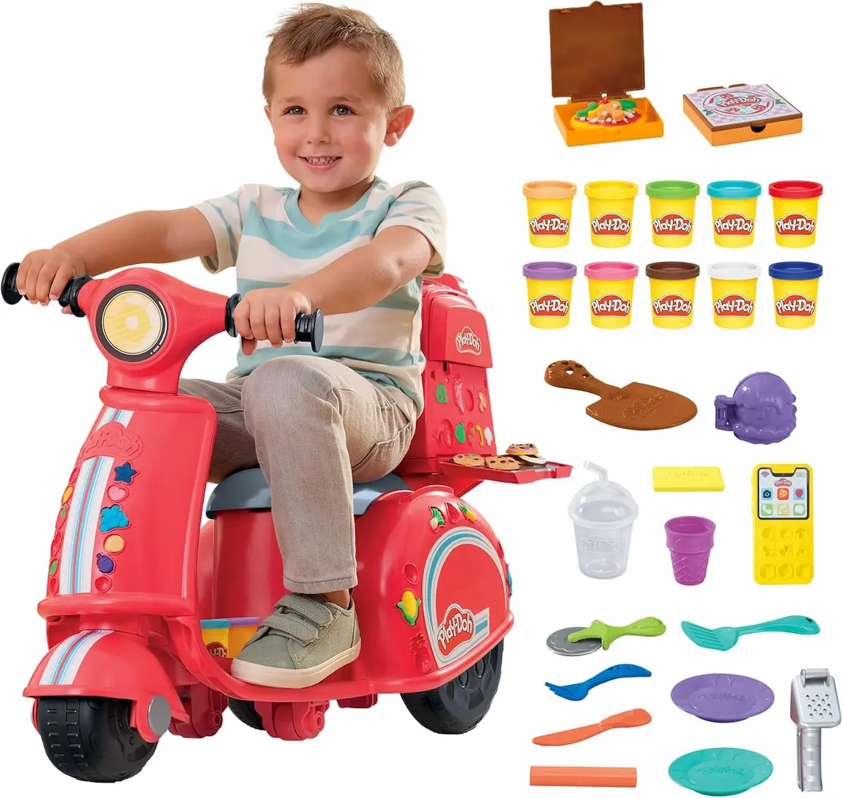 Set creativo Play-Doh Pizza Delivery Scooter con bambino sul motorino giocattolo, vasetti di pasta modellabile e accessori per creare finte pizze