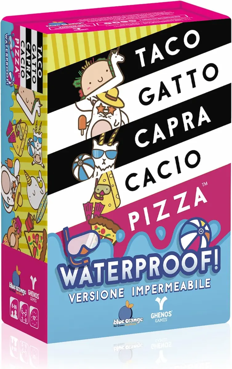 Scatola del gioco da tavolo "Taco Gatto Capra Cacio Pizza", Versione Impermeabile.