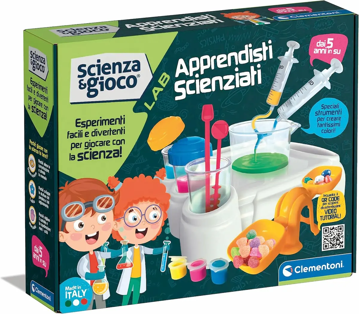 Scatola del kit scientifico Clementoni Scienza & Gioco Lab, con esperimenti, strumenti e istruzioni