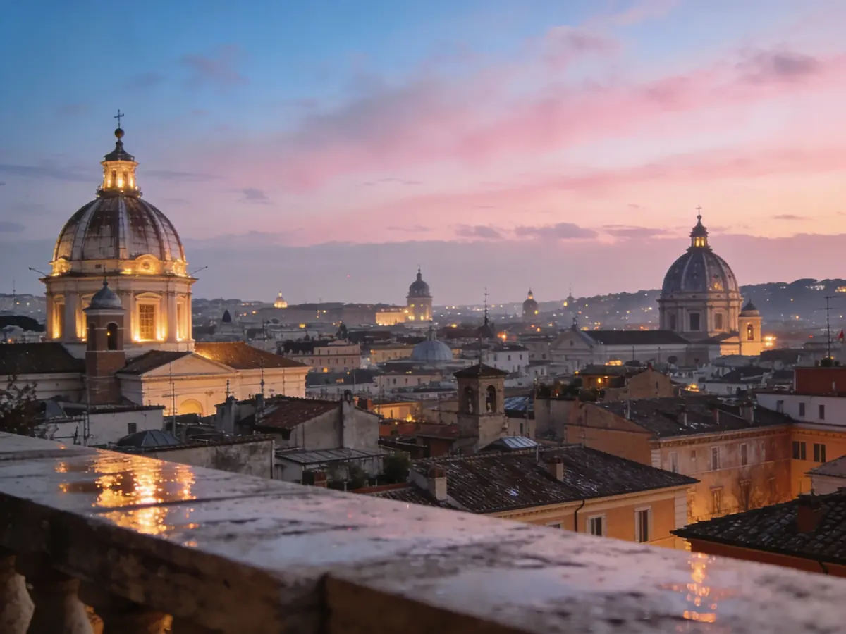 Vista panoramica di Roma in inverno al tramonto con cupole e tetti illuminati
