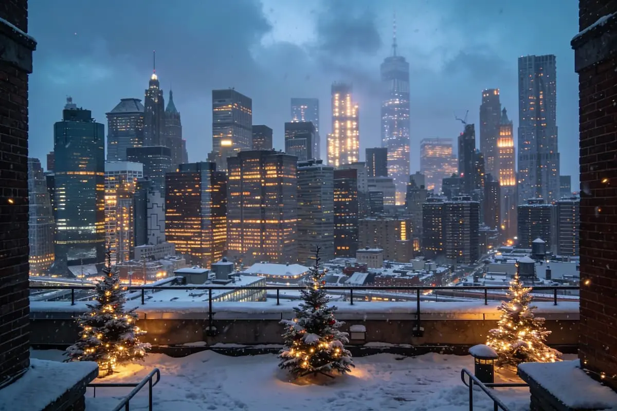 Skyline invernale ispirato a New York con grattacieli illuminati e atmosfera holiday