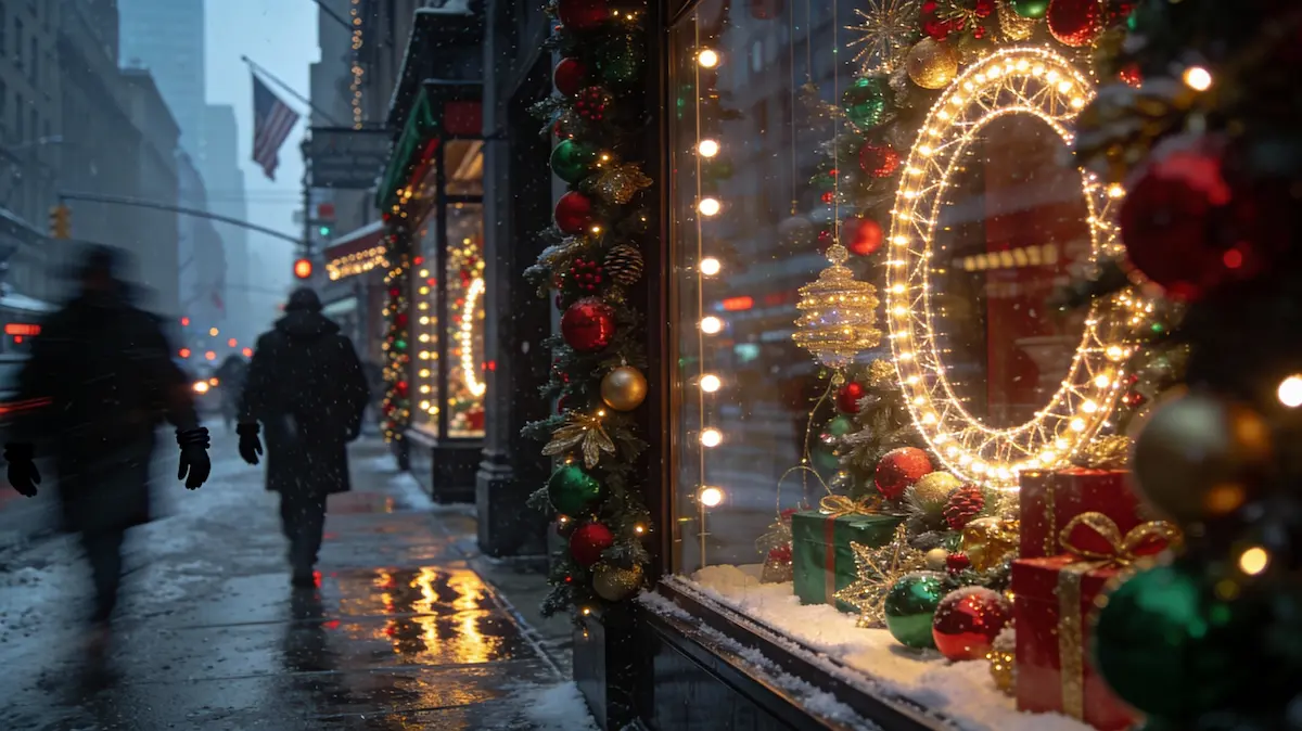 Vetrina newyorkese illuminata in inverno con decorazioni holiday e riflessi sulla strada bagnata