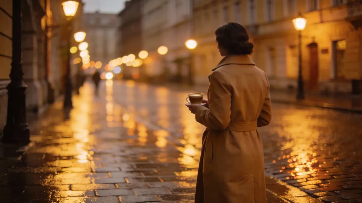 Strada europea illuminata a dicembre con luci di Natale e donna con cappotto, atmosfera invernale da viaggio