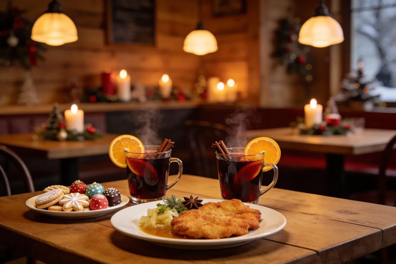 Tavolo in un ristorante di Vienna decorato per Natale con due tazze di vin brulè fumante, Wiener Schnitzel e dolci natalizi
